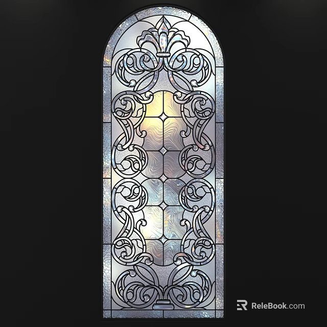 Elegant Decorative Stained Glass Window with Detailed Scrollwork and Vibrant Glass Panels for Interior Design 3d model 