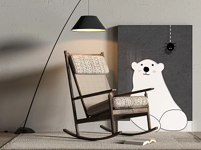 Wooden Frame Rocking Chair With Woven Seat Floor Lamp Polar Bear Art And Rug 3d model