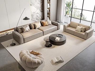 Modern Sofa Coffee Table Set With Pillows Area Rug Floor Lamp And Window View 3d model