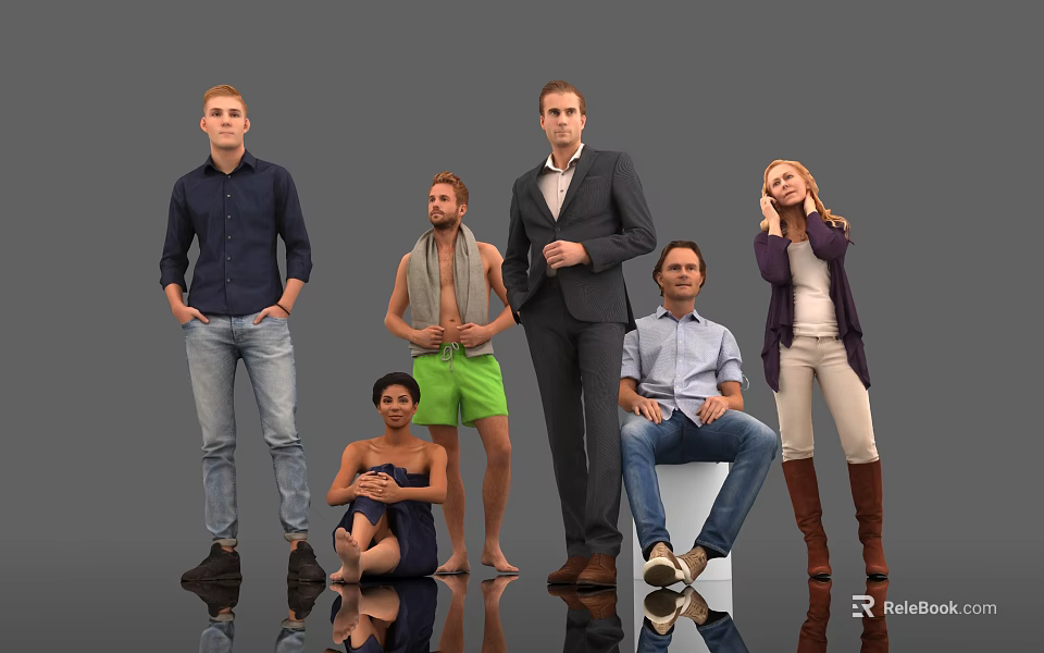 Group of People in Various Poses With Different Casual and Formal Outfits on Grey Background 3d model 