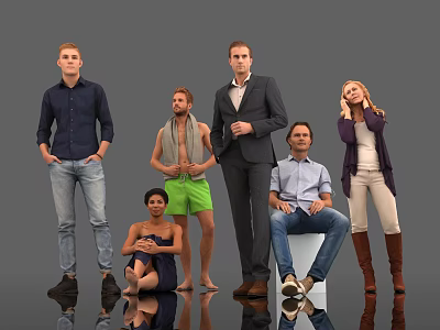 Group of People in Various Poses With Different Casual and Formal Outfits on Grey Background 3d model