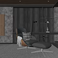 Modern Lounge Chair With Checkered Cushion Ottoman Floor Lamp Lit Shelves And Dark Wood Wall