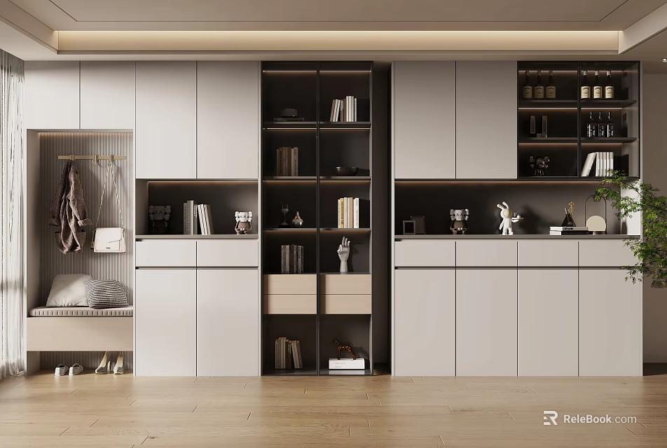 Modern Entryway Hallway Interior With Cabinets Bench Bookshelves And Decorative Items 3d model 