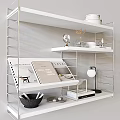 Decorative Ornaments Set on Modern White Shelves with Glass Globe Vase Books and Table Lamp