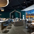 Modern Restaurant Interior With Chef At Bar Counter Green Walls Round Pendant Lights And Plants