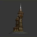 Fantasy Towers Model With Spires Circular Base Wooden Structures And Illuminated Windows