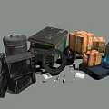 Assorted Discarded Junk Items Featuring Trash Cans Cardboard Boxes Tire and Pallet Debris