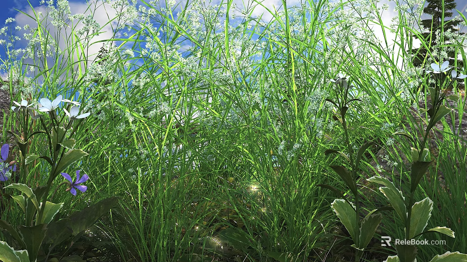 Lush Green Shrubs With White Small Flowers And Purple Blossoms In Sunlight 3d model 