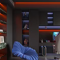 Modern Home Theater Room Interior With Starry Ceiling Gaming Chair TV And Telescope
