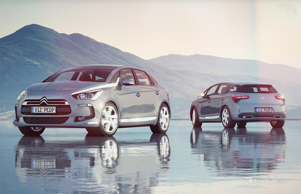 Two Silver Cars Parked On Wet Ground With Mountain Scenery And Water Reflection 3d model 