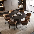 Modern Round Dining Table Set With Six Brown Chairs On Light Colored Rug 3d model