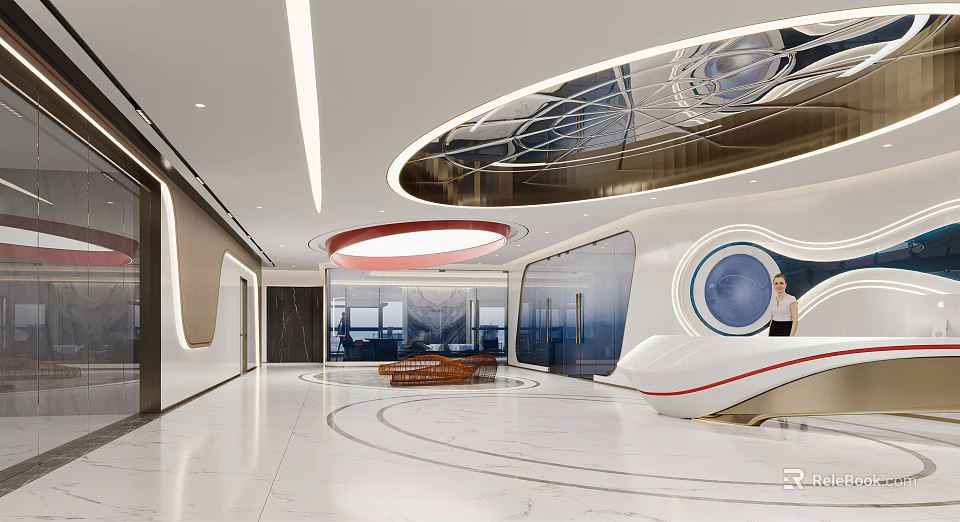 Modern Reception Area Interior Design With Circular Ceiling White Marble Floor And Glass Walls 3d model 