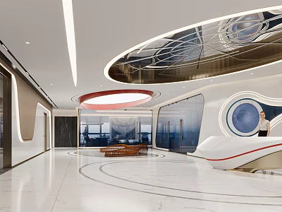 Modern Reception Area Interior Design With Circular Ceiling White Marble Floor And Glass Walls 3d model