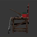Wooden Workbench Featuring Assorted Weapons Tools Gun And Toolbox Equipment