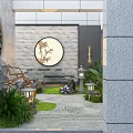Modern Garden Ornament with Stone Lantern Pine Tree Green Plants and Stone Wall Lighting 3d model