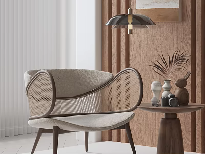 Modern Leisure Chair With Woven Design Light Colored Cushion And Dark Wooden Frame 3d model