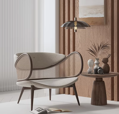 Modern Leisure Chair With Woven Design Light Colored Cushion And Dark Wooden Frame 3d model