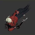 Dynamic Fantasy Character In Red Outfit With White Hair And Black Cape Holding Weapon