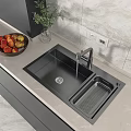 Modern Kitchen Black Double Bowl Sink With Faucet And Fruit Bowl