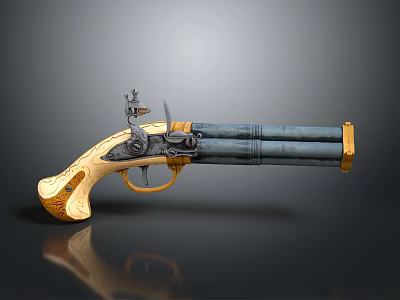 Vintage Double Barrel Flintlock Pistol with Gold Accents and Ornate Engraved Grip 3d model