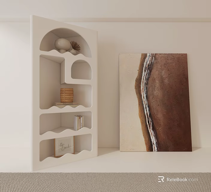 White Decorative Cabinet With Open Shelves And Decorative Items Beside Abstract Painting In Modern Interior 3d model 