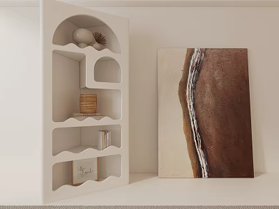 White Decorative Cabinet With Open Shelves And Decorative Items Beside Abstract Painting In Modern Interior 3d model