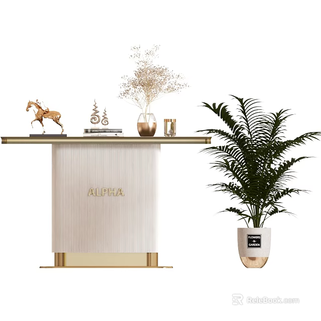 Stylish Console Table With White Vertical Striped Design Golden Trim Decorative Items And Green Plant 3d model 