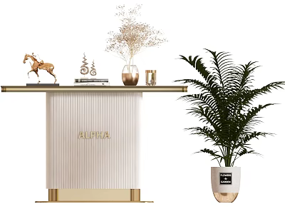 Stylish Console Table With White Vertical Striped Design Golden Trim Decorative Items And Green Plant 3d model