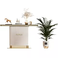 Stylish Console Table With White Vertical Striped Design Golden Trim Decorative Items And Green Plant