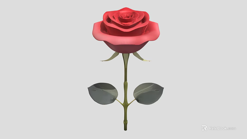 Vibrant Red Rose Plant With Green Stem And Leaves On Gray Background 3d model 