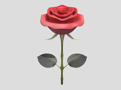 Vibrant Red Rose Plant With Green Stem And Leaves On Gray Background 3d model