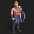 Shirtless Warrior Man With Red Hair Beard Blue Pants And Arm Guards Carrying Weapon