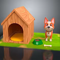 Cute Orange White Dog Standing Near Wooden Dog House With Green Bowl And Bone