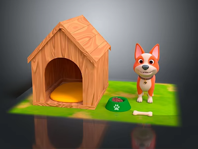 Cute Orange White Dog Standing Near Wooden Dog House With Green Bowl And Bone 3d model