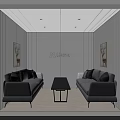 Modern Minimalist Lounge Area With Gray Sofas Black Coffee Table And Wall Paintings