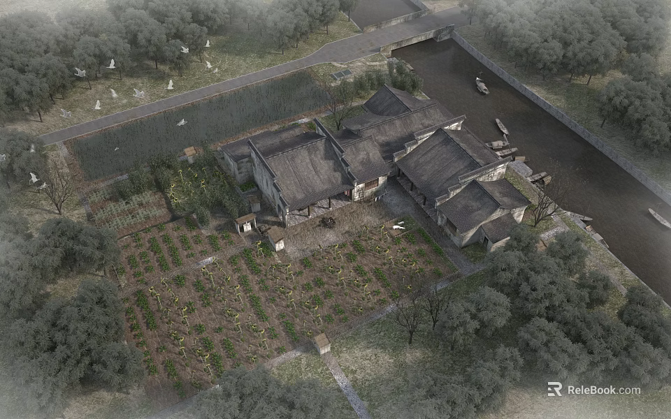 Ancient Traditional Tile Roofed Houses Courtyard With Surrounding Farmland River And Trees 3d model 