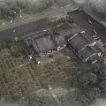 Ancient Traditional Tile Roofed Houses Courtyard With Surrounding Farmland River And Trees