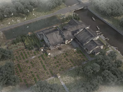 Ancient Traditional Tile Roofed Houses Courtyard With Surrounding Farmland River And Trees 3d model