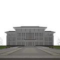 Modern Office Building Exterior With Symmetrical Facade Large Glass Windows Spacious Entrance And Landscaped Trees