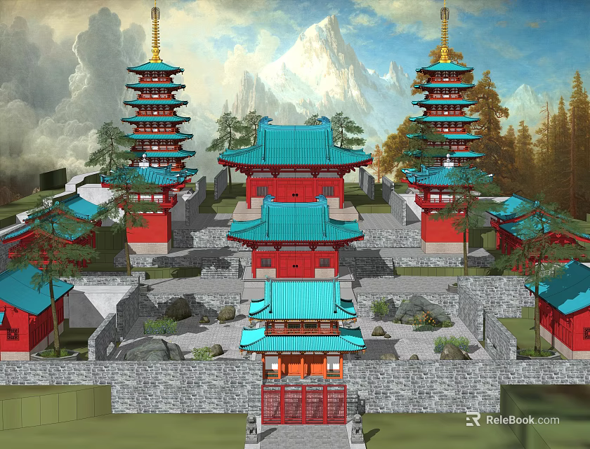 Ancient Chinese Architecture with Pagodas Red Blue Roofs Surrounded by Mountains and Trees 3d model 