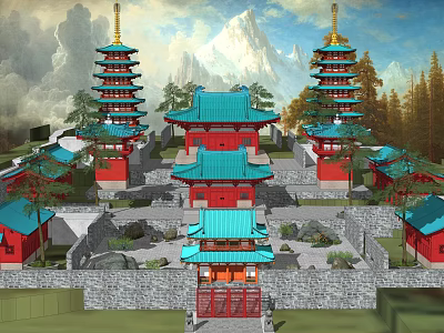 Ancient Chinese Architecture with Pagodas Red Blue Roofs Surrounded by Mountains and Trees 3d model