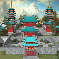 Ancient Chinese Architecture with Pagodas Red Blue Roofs Surrounded by Mountains and Trees