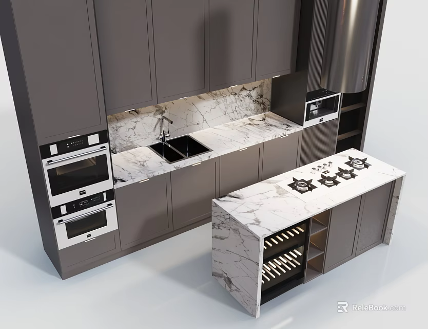 Modern Kitchen Interior Design With Gray Cabinets Marble Countertop Built in Appliances And Sink Area 3d model 