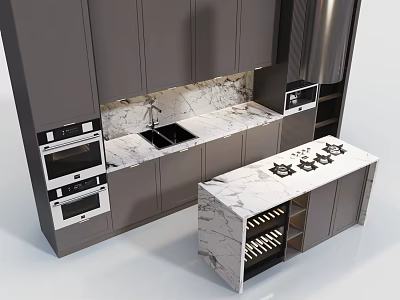 Modern Kitchen Interior Design With Gray Cabinets Marble Countertop Built in Appliances And Sink Area 3d model