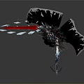 Fantasy Woman in Black Dress Red Cape Feather Accents Holding Glowing Red and Blue Longsword