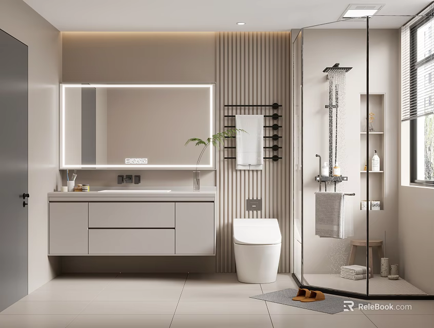Modern Bathroom Interior With Vanity Mirror Toilet Glass Shower Enclosure And Plant 3d model 