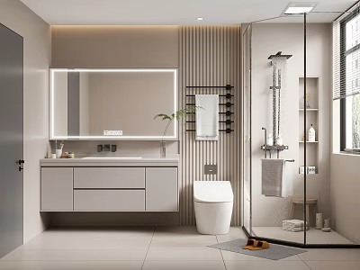 Modern Bathroom Interior With Vanity Mirror Toilet Glass Shower Enclosure And Plant 3d model