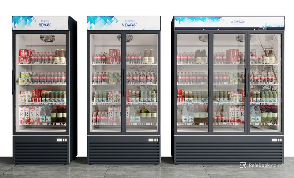 Commercial Glass Door Refrigerated Display Freezers Stocked With Various Beverage Cans And Bottles 3d model 