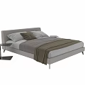 Modern Double Bed With Upholstered Headboard Neutral Tones Pillows Blanket And Nightstand