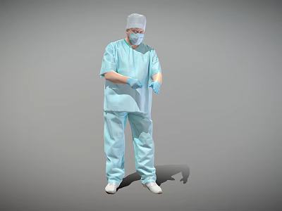 A Man in Blue Surgical Scrubs Wearing Surgical Cap Mask and Blue Gloves Standing 3d model
